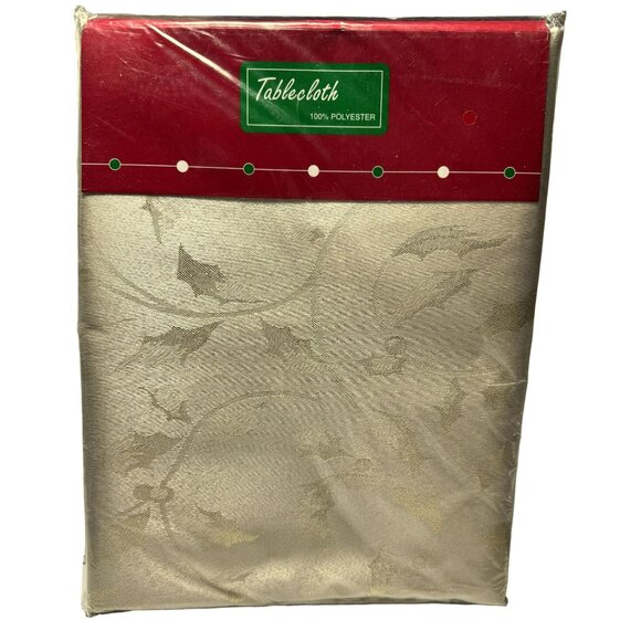 Tablecloth Holiday 70" Round Holly Tonal Leaf Design Wheat/Gold NEW - Picture 1 of 4